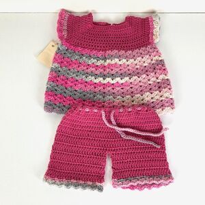 Pink Baby 2 Pc Set Crochet Sweater Top and Drawstring Pants Handmade New Soft